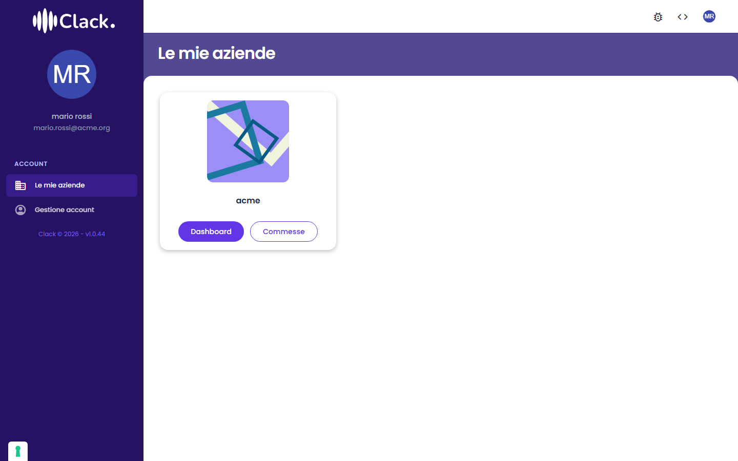 Schermata "Le mie aziende" con le card delle aziende accessibili