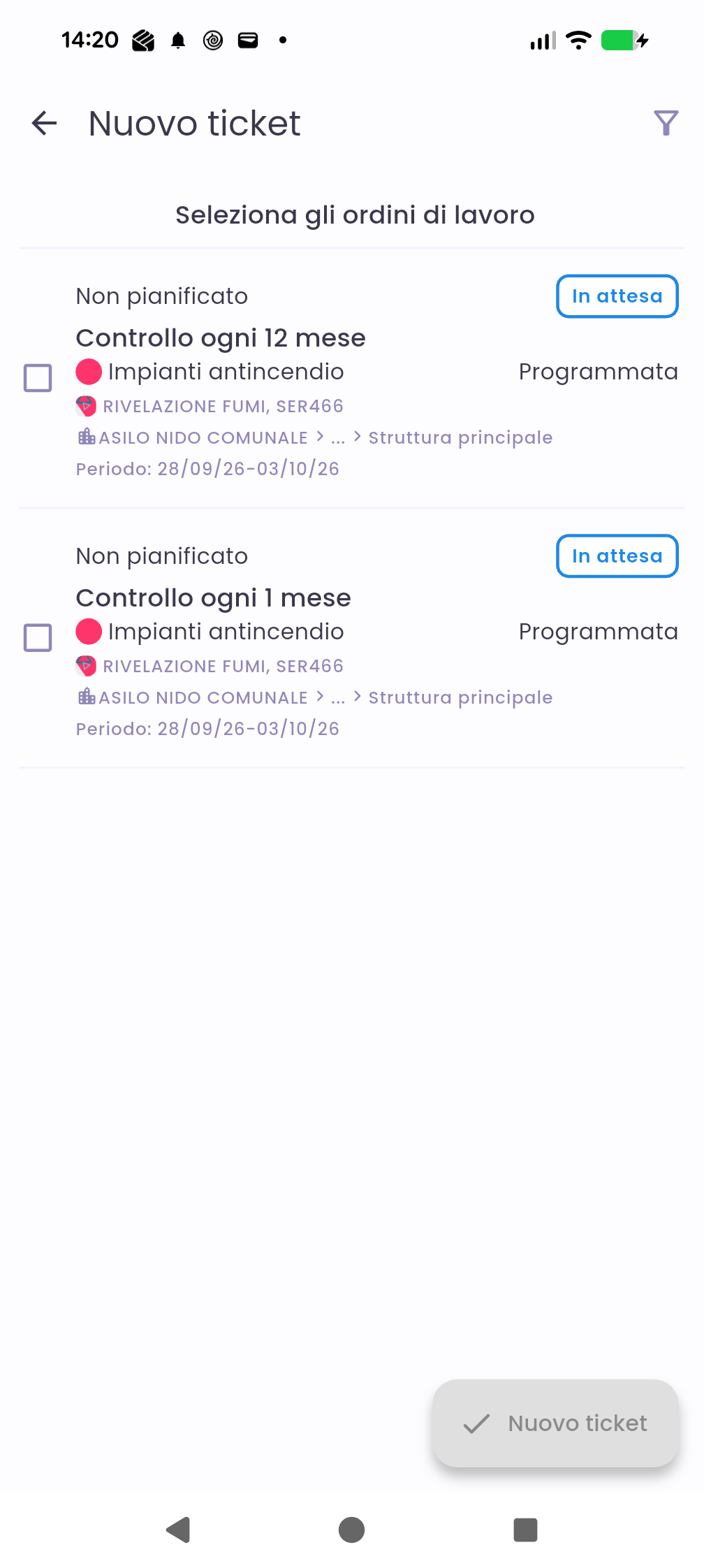 Nuovo ticket: gli ODL a consumo da selezionare