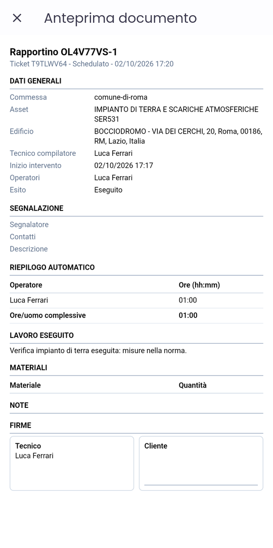 Anteprima del rapportino da firmare