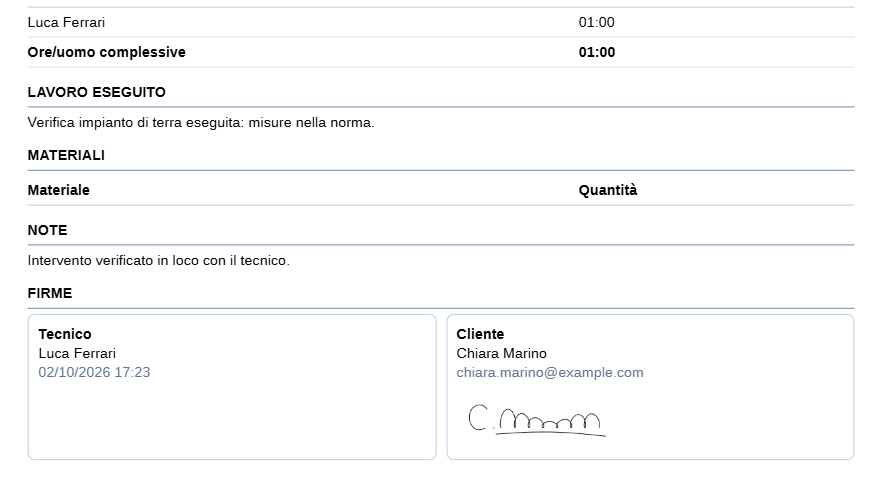 Firme in fondo al rapportino PDF ricevuto dal cliente