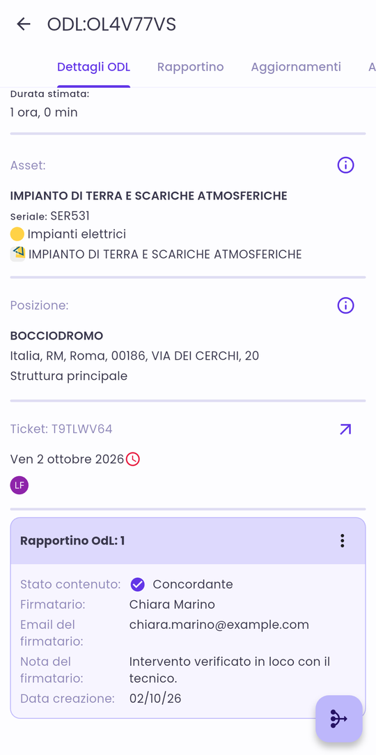 Dettagli ODL: la card Rapportino OdL nel riquadro dei documenti firmati