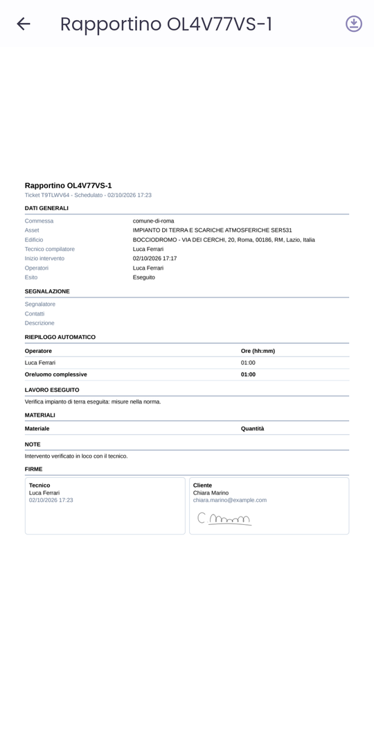 Preview del rapportino firmato dentro l'app