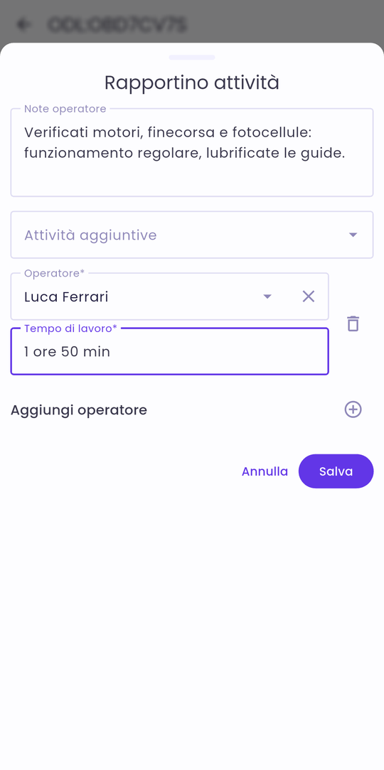 Rapportino attività: note, operatore e tempo di lavoro