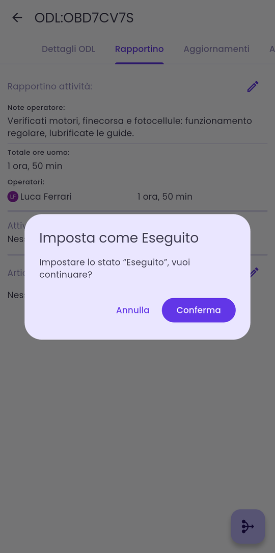 Conferma del passaggio a Eseguito