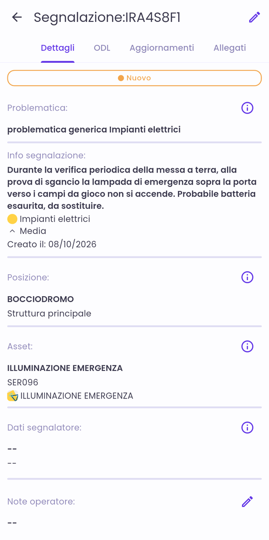 La segnalazione creata, nello stato Nuovo