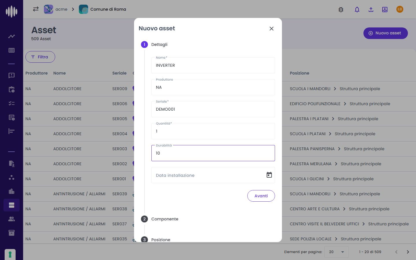 Nuovo asset: dettagli
