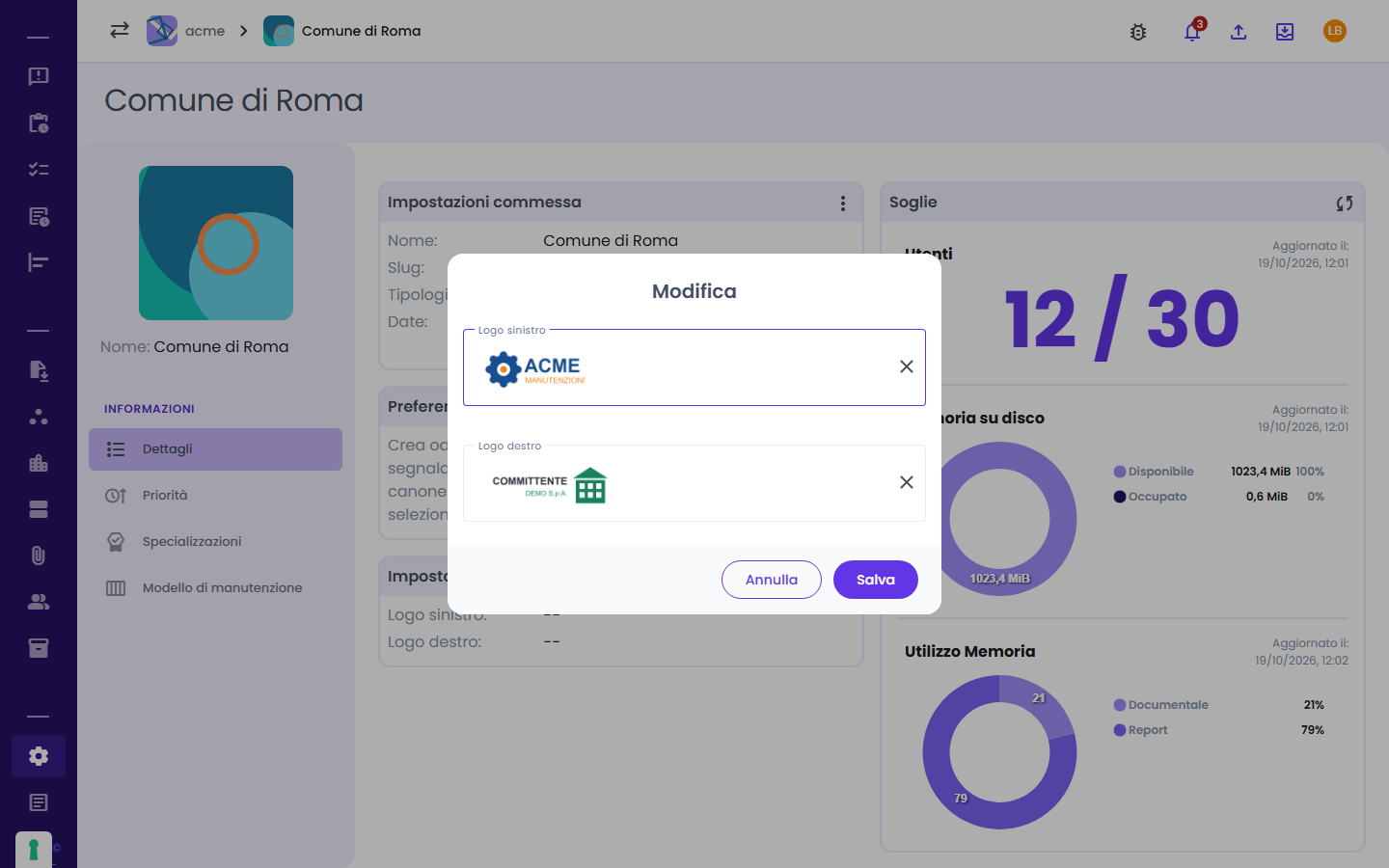 Modifica dei loghi dei report: logo sinistro e logo destro