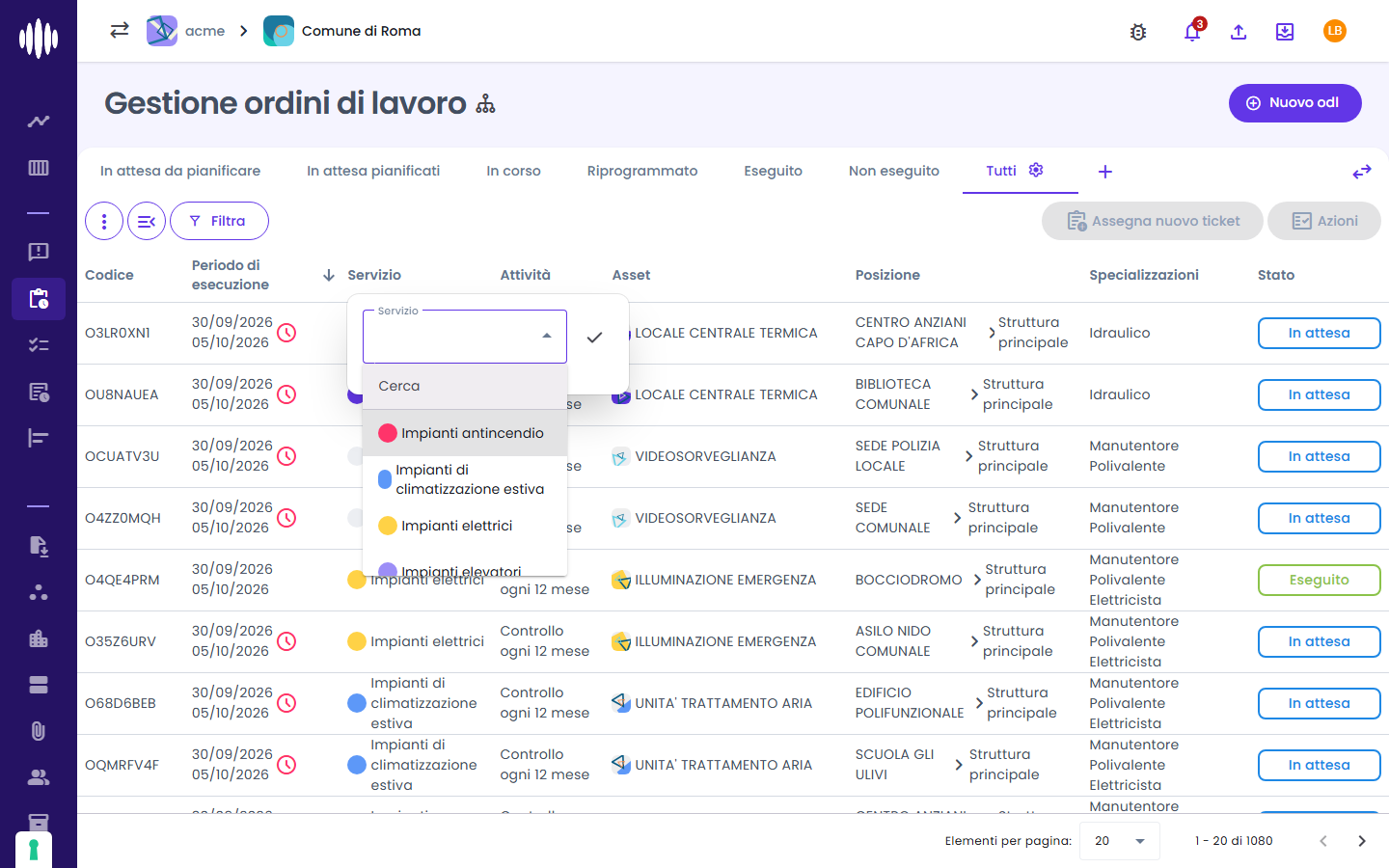 Il riquadro del filtro: si sceglie il servizio e si conferma con la ✓