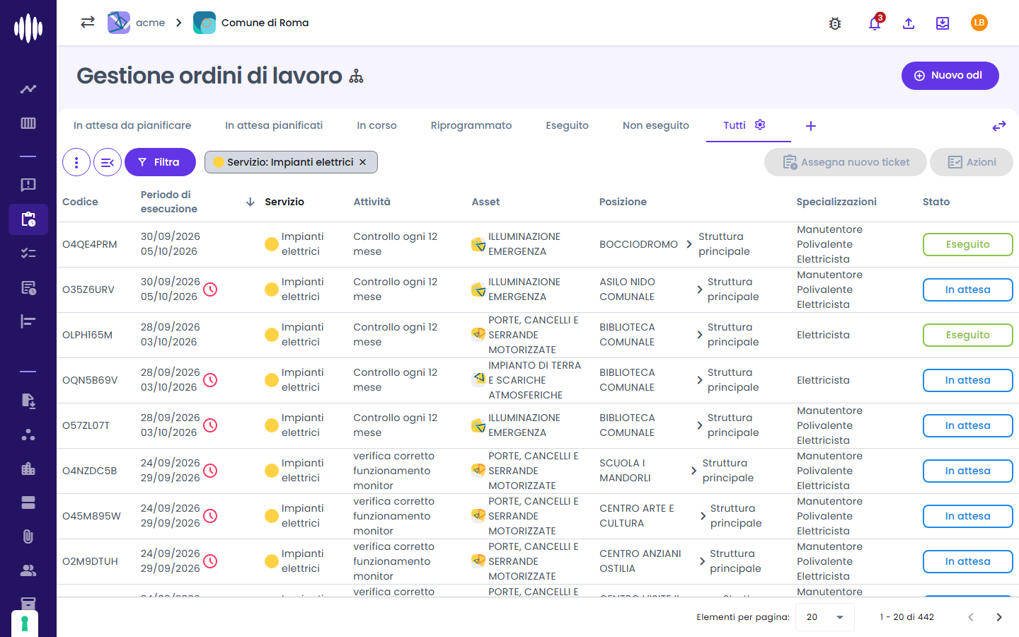La lista filtrata per servizio, con la pillola del filtro accanto a Filtra