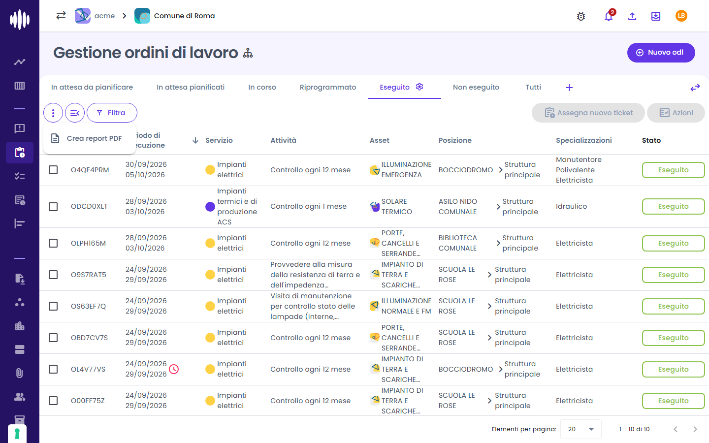 Menu ⋮ della lista: Crea report PDF