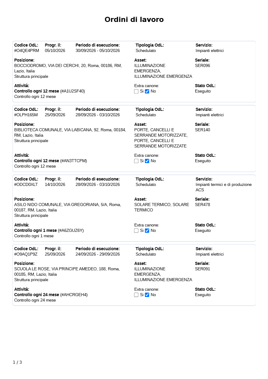Report sintetico: un riquadro per ODL, più ODL per pagina