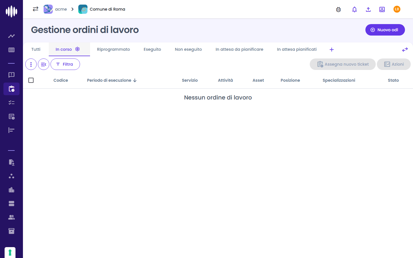 Vista In corso della lista ordini di lavoro