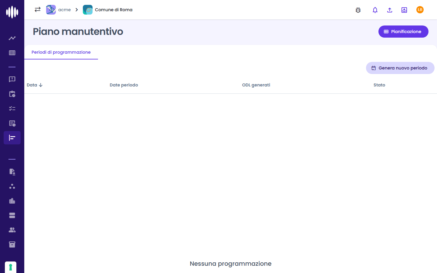 Periodi di programmazione di una commessa nuova: nessuna programmazione