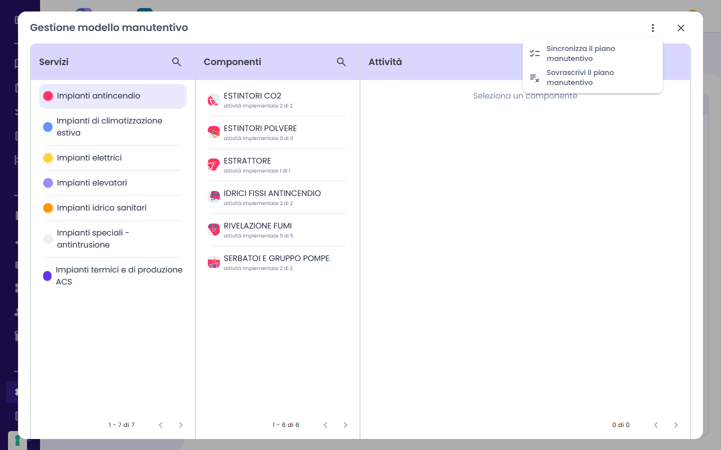 Menu del modello: Sincronizza o Sovrascrivi il piano manutentivo