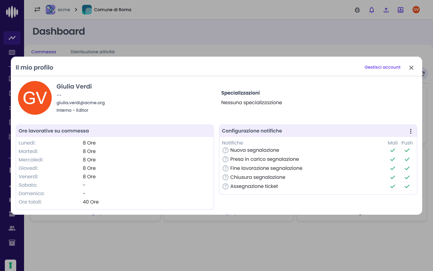 Configurazione notifiche nel profilo dell'Editor: Mail e Push per argomento