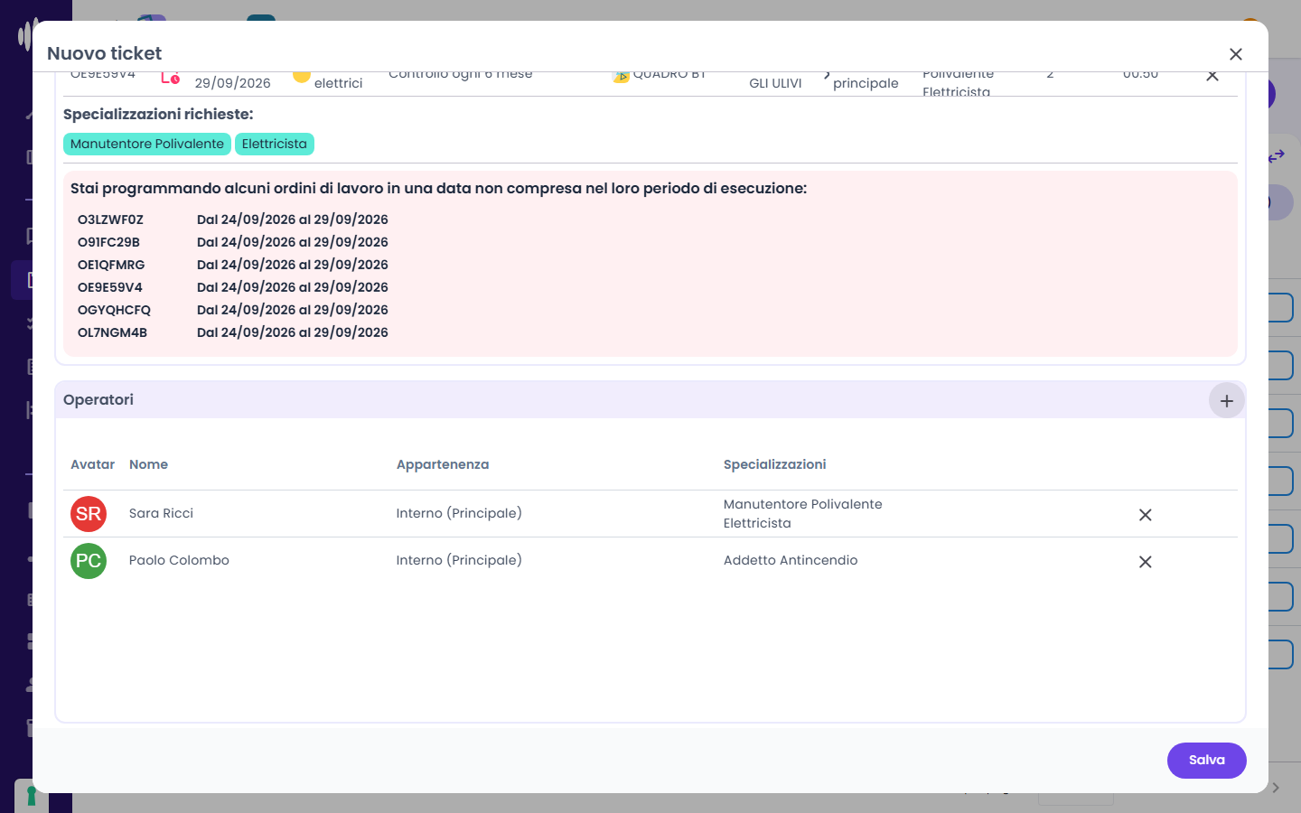 Ticket compilato: specializzazione coperta e avviso sugli ODL fuori periodo