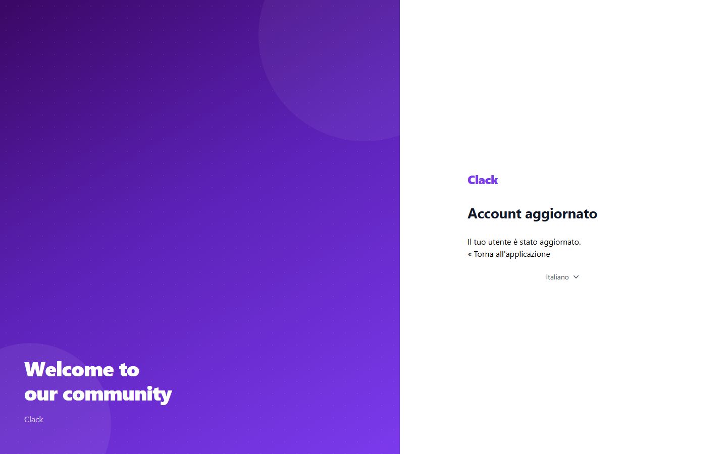 Account aggiornato, con il link per tornare all'applicazione