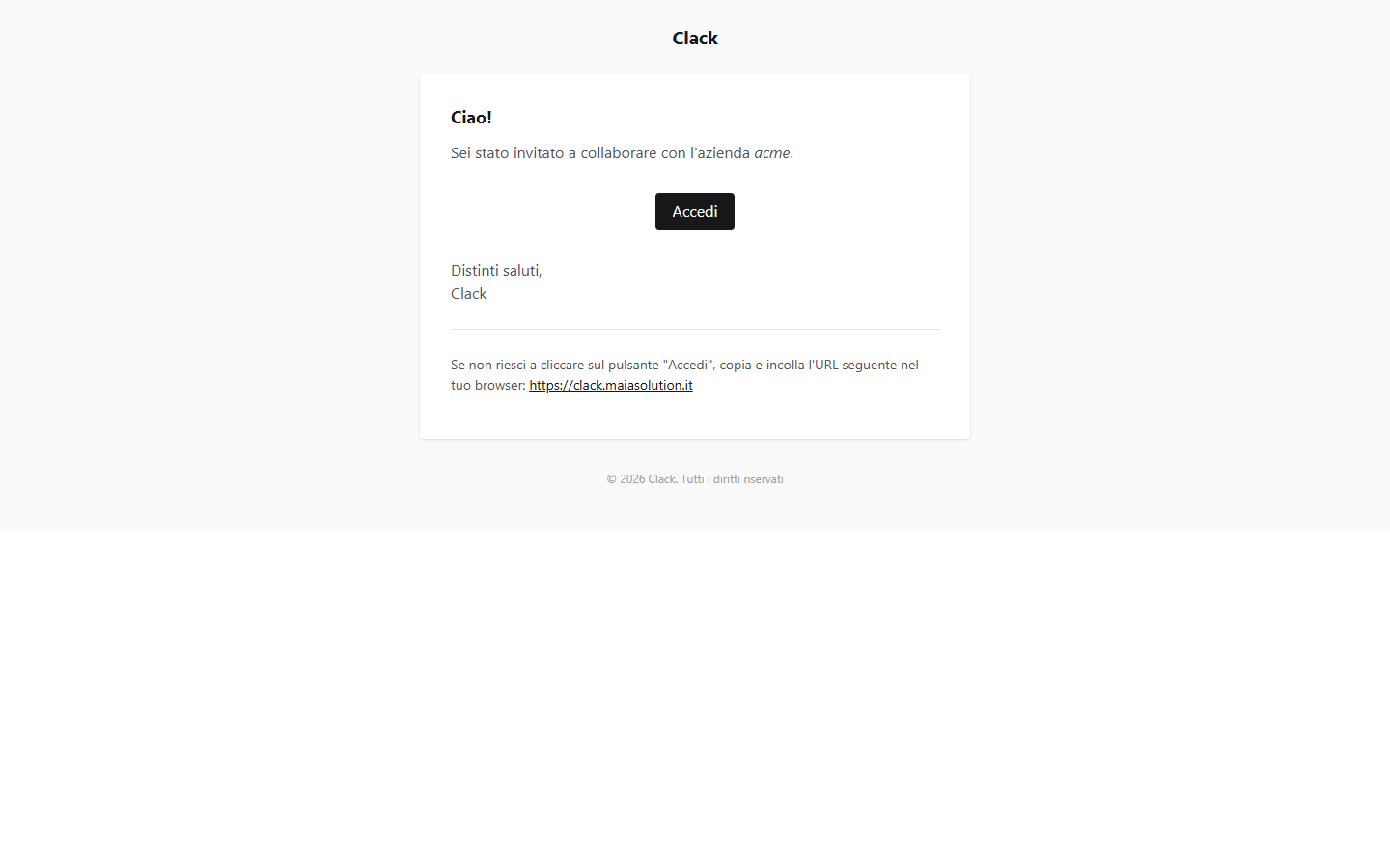 Email "Invito a collaborare" inviata da Clack