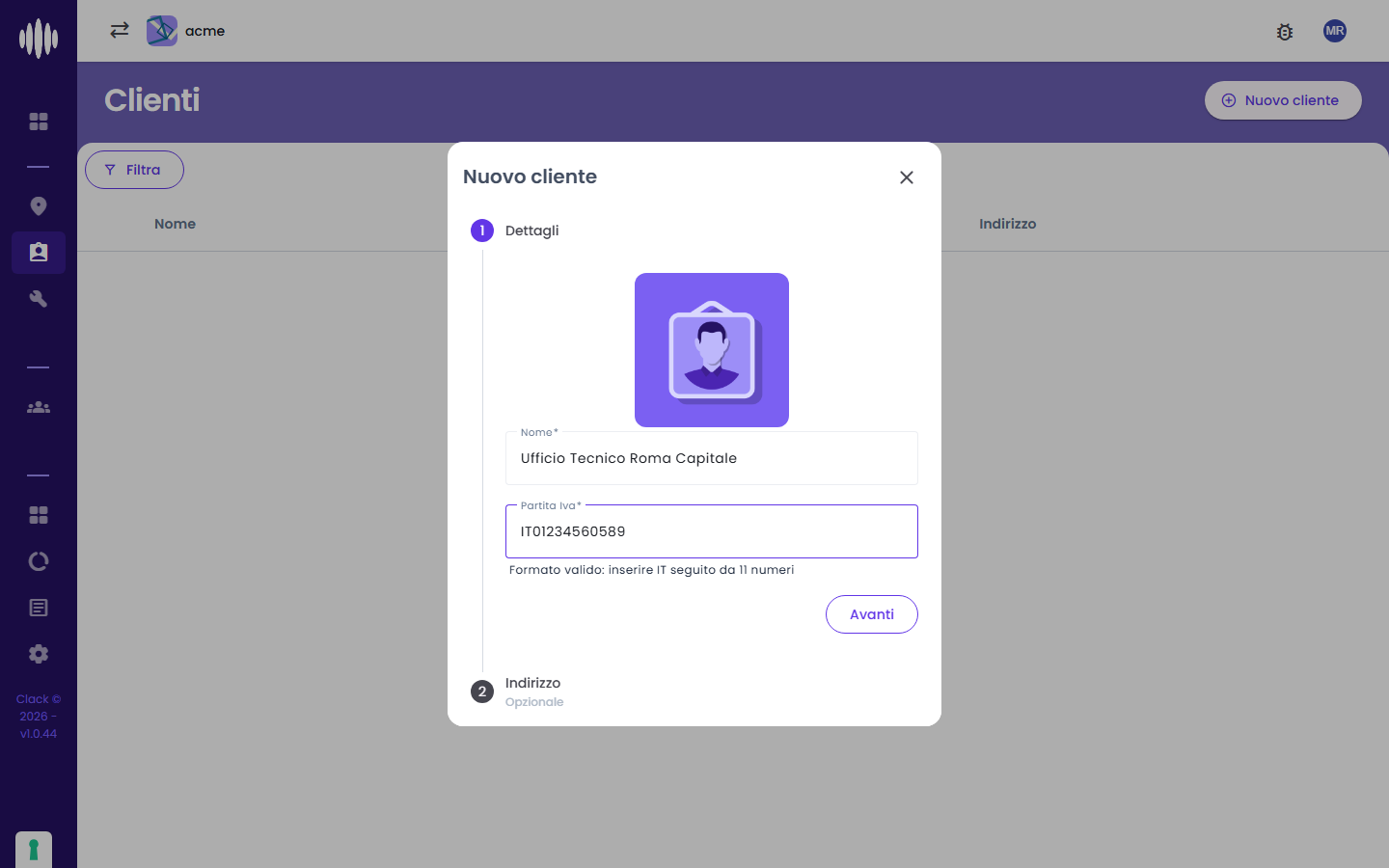 Nuovo cliente: passo Dettagli