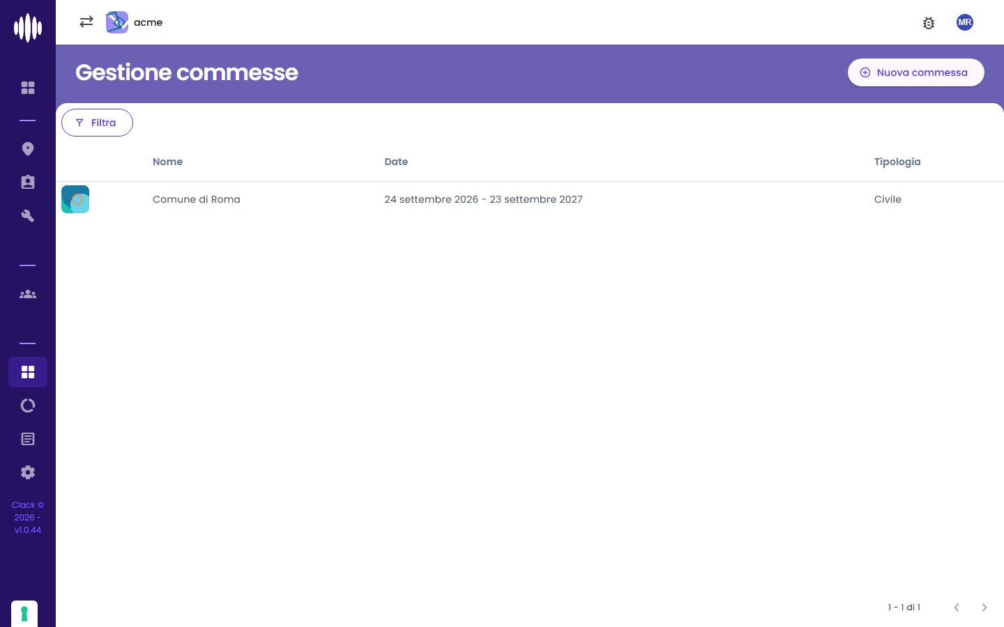 Commesse dell'azienda nell'area del Tenant Admin